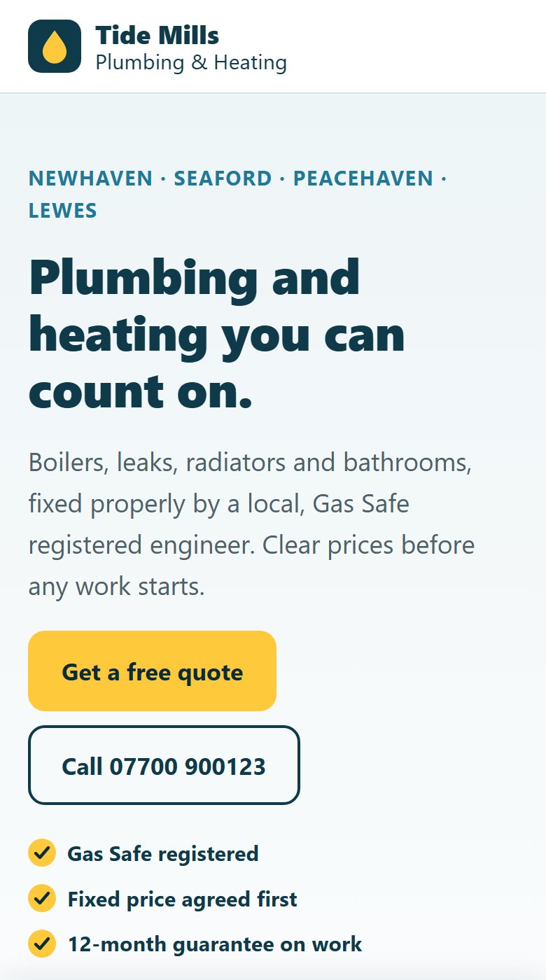 The example Tide Mills Plumbing website on a phone